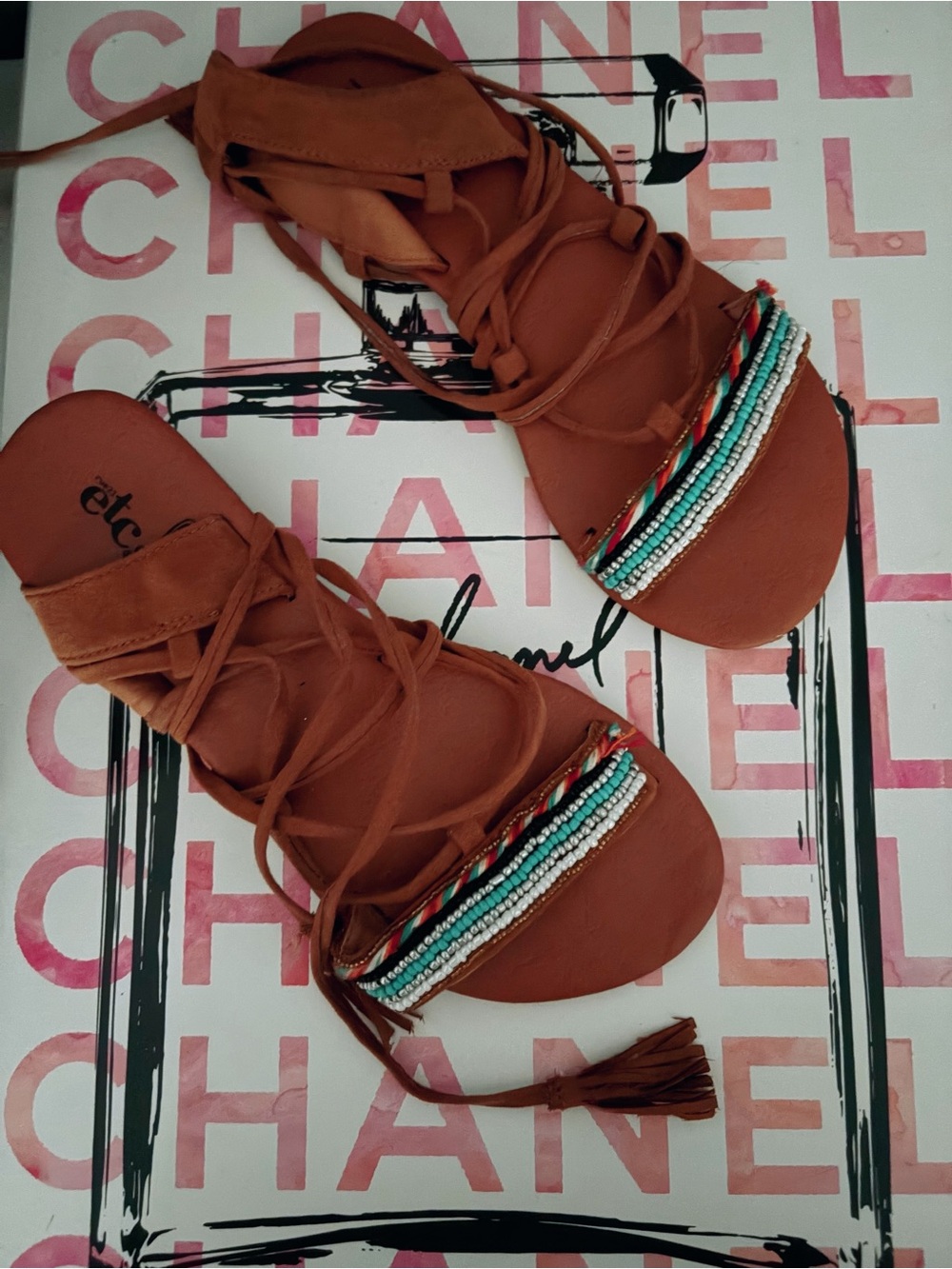 Boho Lace-Up Beaded Flat Sandals — Brown
